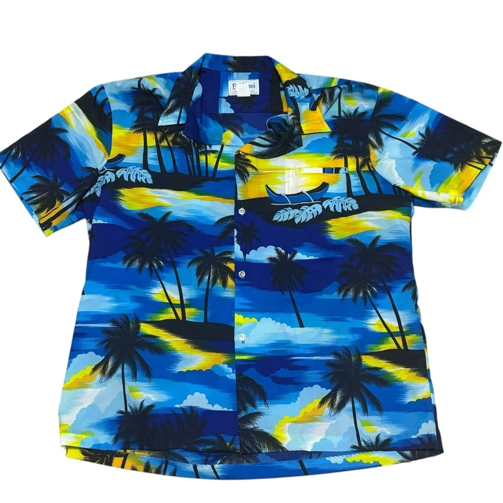 VTG Kai Nani Hawaiian Button Up Shirt Blue Palm Trees Sailboat Sunset Aloha 3XL‎